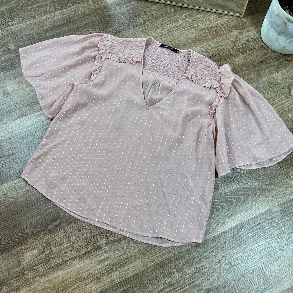 Magali Pascal Pink Shimmery Flowy Top Ruffle Sleeves - Picture 3 of 5